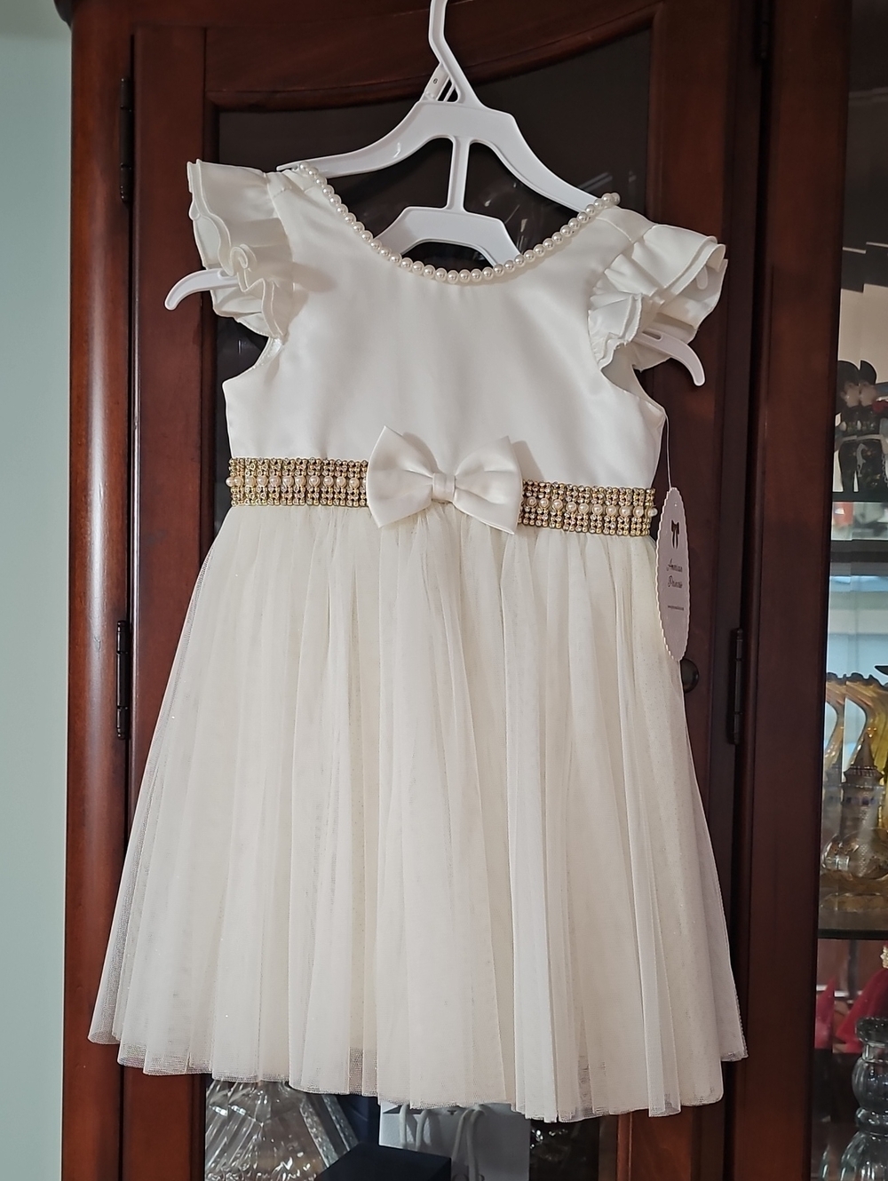 American Princess Cream Tulle Dress with Pearl Neckline and Gold Belt